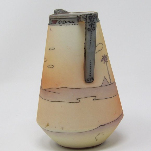 Antique Hand Painted Nippon Green Label Handled Vase with Egyptian Scene with Mo - Picture 8 of 10